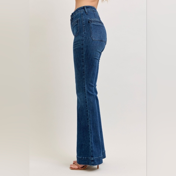 Judy Blue HR Dark Wash Classic Flare Jeans Welt Pockets Trouser Various NEW - Picture 6 of 9